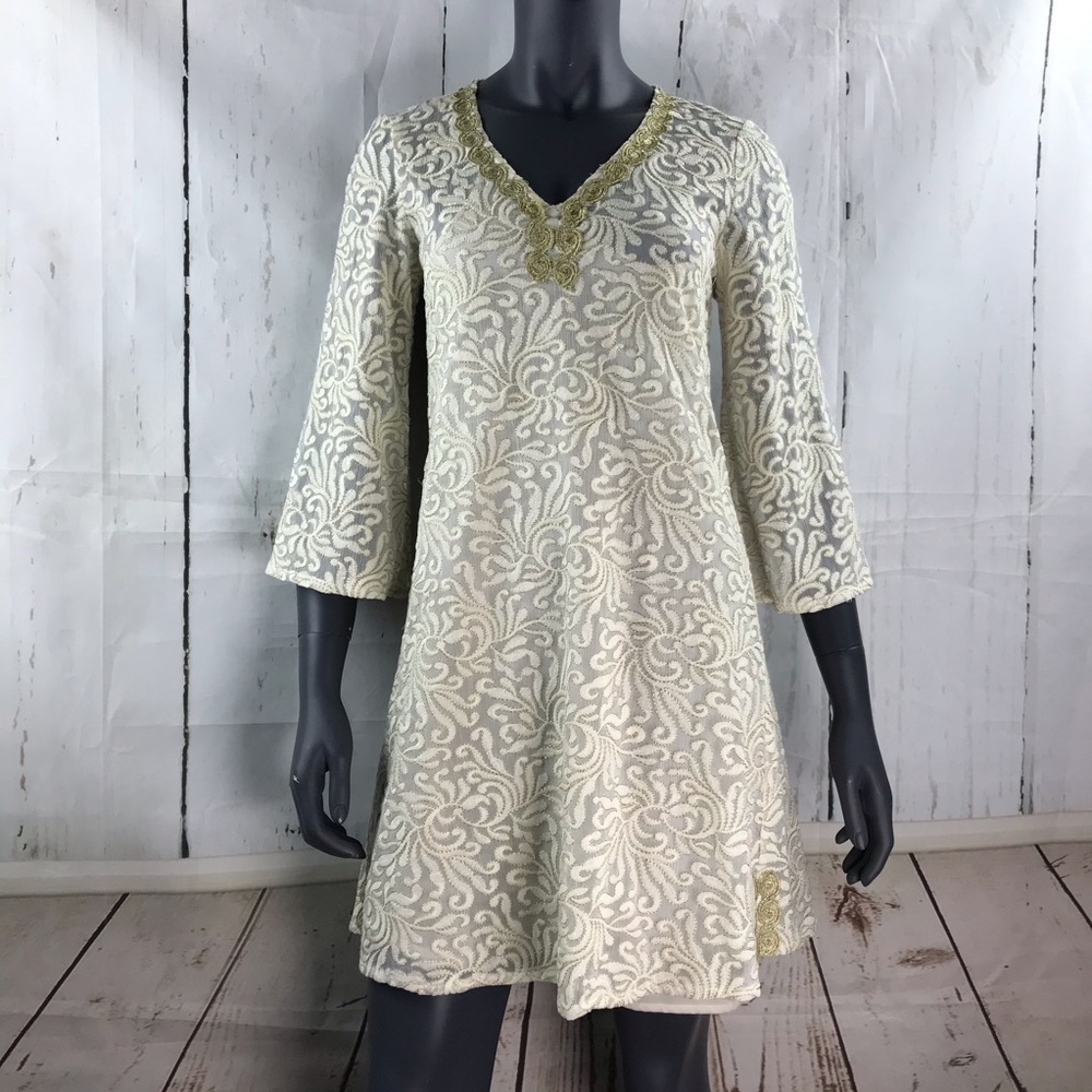 Yoana Baraschi ivory lace dress with gold dress